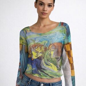 Rhi Dancey Y2K Sheer Mesh Art Face Top Longsleeve Festival Clubwear Blouse L NWT